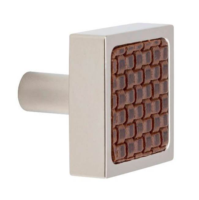 Colonial Bronze Leather Accented Square Cabinet Knob With Straight Post, Unlacquered Satin Brass x Rattlesnake White Leather