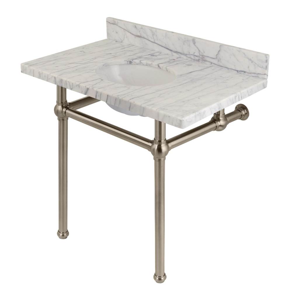 Kingston Brass Templeton 36'' x 22'' Carrara Marble Vanity Top with Brass Console Legs, Carrara Marble/Brushed Nickel